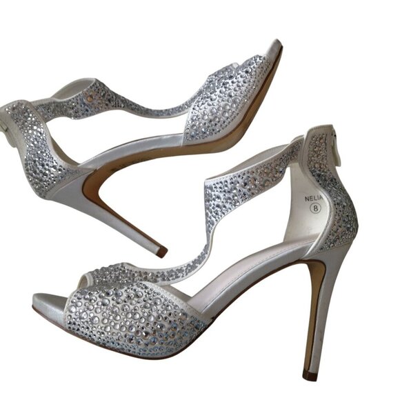 David's Bridal Women's Size 8 Nelia White Beaded Bling Zip Back Open Toe Sandals - Picture 5 of 7